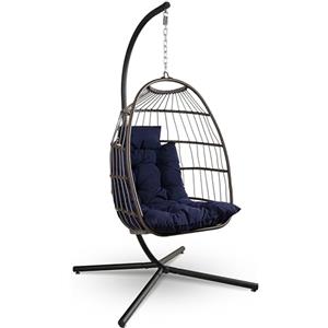 SereneLife Sedia a Dondolo a Uovo con Supporto, Capacità Fino a 250 Kg, Sedia Sospesa Poltrona a Dondolo in Rattan con Struttura in Acciaio Verniciato a Polvere per Casa e Giardino con Cuscino