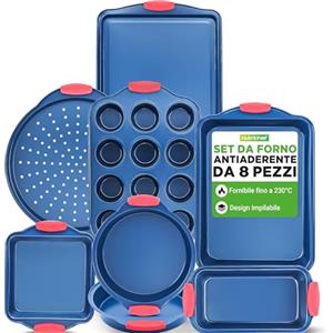 NutriChef Set di 8 Teglie da Forno Antiaderente, Acciaio al Carbonio con Manici in Silicone, Include Vassoio Pizza, Stampo Pane, Muffin da 12 Tazze, Teglie Rotonde/Quadrato e per Biscotti