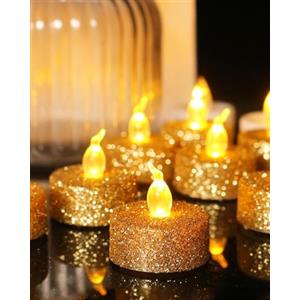 wisdom line Candele LED glitterate Dorato, confezione da 8 scaldapiatti senza fiamma con timer, 3,6 x 3,6 cm, alimentate a batteria CR2032, decorazione per Natale e feste