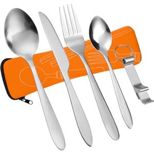 Vicloon Set di Posate con Custodia Portatile, 5 Pezzi in Acciaio Inossidabile con Apribottiglie, da Viaggio Coltello Forchetta Cucchiaio per Campeggio Picnic Scuola Pranzo (Sarancia)