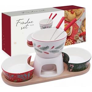 MIJOMA Set per fonduta natalizia, 6 pezzi, fonduta in porcellana con 2 forchette, 2 ciotole e vassoio in legno, decorazione invernale e servizio per momenti di festa