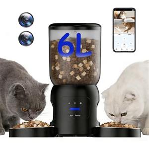 BrooBirder PF5-6L Distributore Automatico Cibo Gatti con 2 Ciotole, WIFI doppia fotocamera 2K, allarme personalizzabile, ciotola inox, programmabile dosabile, batteria riserva