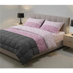 L'Emporio Casa Set Lenzuola Completo Matrimoniale Sophie, Effetto Percalle, Cotone 100% Italiano, Mano Setato (Foglia Rosa)