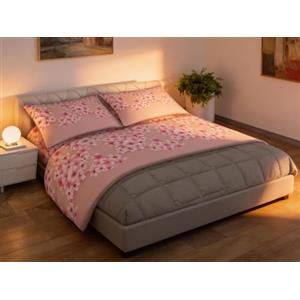 L'Emporio Casa Set Lenzuola Completo Matrimoniale Sophie, Effetto Percalle, Cotone 100% Italiano, Mano Setato (Fiore Rosa)