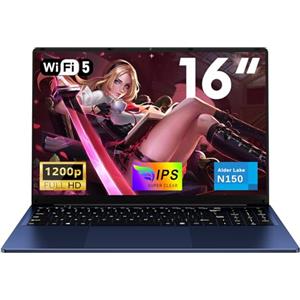 NAIKLULU 16 Pollici Computer Portatile Processor N150(1,2 a 3,6 GHz), RAM 16GB SSD 512GB PC Portatile Laptop 2026, 1920x1200P/Tastiera Completa Retroilluminata/Webcam/6000Mah