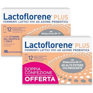 Lactoflorene Plus, Fermenti Lattici Probiotici, Senza Glutine Senza Lattosio - Integratori Adulti con Probiotici, Zinco, Vitamina B per Equilibrio Flora Intestinale (Offerta 2 Pack 12+12 Bustine)