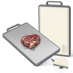 SKERITO Tagliere per la cucina, tagliere double face, in acciaio inox e plastica, grande 40 × 27 cm, facile da pulire con scanalatura per il succo, manico spesso