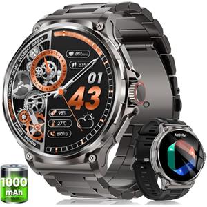 NAIXUES Smartwatch Uomo con 1000 mAh Batteria, 1.92" AMOLED, 5ATM Impermeabile Orologio Smart Watch Militare con Chiamate Bluetooth, 120+ Modalità Sportive, 24H Frequenza Cardiaca/SpO2/Sonno, iOS Android Nero