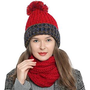 DonDon Berretto Beanie Invernale con pompon da Donna lavorato a Maglia con foderna interna calda e morbida - Rosso Blu Beige