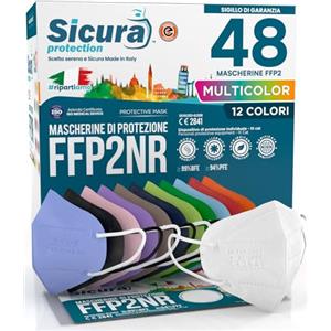 SICURA MASCHERINE CHIRURGICHE 48 Mascherine FFP2 COLORATE Certificate CE Bianche, Nere, Verdi Mela, Tortora, Viola, Rosa, Lavanda, Azzurre, Verdi, Rosse, Arancioni e Blu Made in Italy SICURA BFE ≥99%