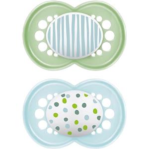MAM Original Succhietto 16+ Mesi (Set da 2), Ciuccio MAM 16 36 mesi silicone con tettarella ortodontica, Kit da 2 accessori neonato con pratico porta ciuccio sterilizzatore, Verde/Celeste