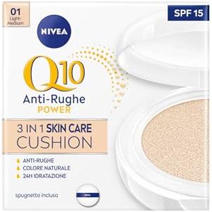 NIVEA Q10 Plus Anti-Age 3in1 Skin Care Cushion 15ml, Crema colorata viso idratante e anti-età, Crema Viso antirughe e BB cream FP15, Fondotinta cushion arricchito con Coenzima Q10, 01 Light-Medium