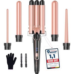 BESTOPE PRO Set Ferro Onda 5 in 1 - Include 3 cilindri in ceramica per creare grandi onde, inclusa regolazione della temperatura, riscaldamento rapido e guanto, 2 clip, oro rosa