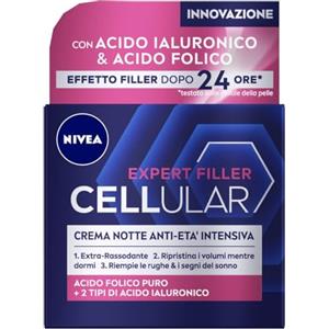 NIVEA CELLULAR EXPERT FILLER Crema Notte Anti-Età Intensiva SPF 15 50ml, Crema viso antirughe rassodante, Crema viso Acido Ialuronico e Acido Folico Puro, Crema viso notte anti-age