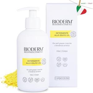 BIODERM BIODERMOCOSMETICI Bioderm S Detergente allo Zolfo 1,5% - Detergente Viso e Corpo per Pelle Grassa e Impura, Acne e Punti Neri - Azione Purificante e Sebo-Normalizzante - 300 ml con Erogatore