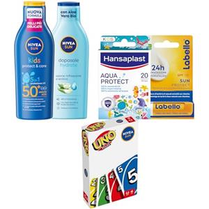NIVEA SUN Kids Crema solare bambini Protect & Care SPF 50+ 200ml, Doposole Hydrate 200ml, Labello Sun Protect Burrocacao 4.8g, Hansaplast Cerotti Aqua Protect Kids 20 Pezzi e Carte UNO Pocket Incluse
