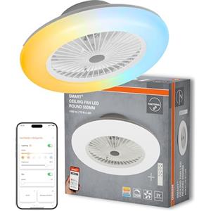 OSRAM Ventilatore da soffitto WiFi con lampada LED, colore della luce bianco caldo a bianco luce diurna, 3000 lumen, controllo tramite app e telecomando, dimmerabile, bianco