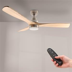 M mimotec - Ventilatore a soffitto Led Wood 58W Nichel, telecomando, motore DC 30W+Luce Led 18W, 6 velocità, Silenzioso, 3 Lame in legno naturale, 132 cm, funzione estate-inverno, timer