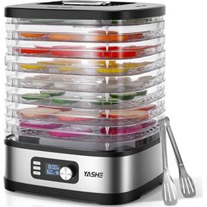 YASHE Essiccatore Alimentare 8 Vassoi, Tempo e Temperatura Regolabili 72H, Include Griglie a Rete, Vassoio per Rotoli di Frutta e Pinza Inox per Jerky, Frutta, Carne, Verdure, Erbe, Senza BPA