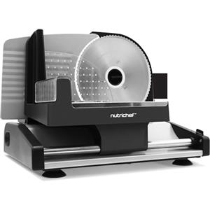 NutriChef Affettatrice Elettrica da Casa 200 Watt, Affetta Carne, Cibi, Affettatrice Salumi e Pane, Spessore Regolabile 0-15 mm, Lama in Acciaio Inox 19 cm Rimovibile, Pressatore di Sicurezza, Nera