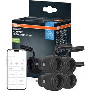 OSRAM Presa esterna SMART+ WiFi Matter Outdoor Plug, 3680W, 16A, IP44, nera, giardino, balcone,4-Pack