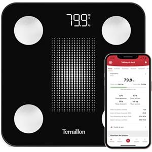 TERRAILLON - WEIGHT CONNECT - Bilancia Intelligente Bluetooth, analisi delle masse grassa, muscolare, idrica e ossea, BMI, capacità 180 kg, gradazione 50 g, schermo LED, vassoio vetro, nero