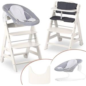 hauck Seggiolone Beta+ Newborn Set - Seggiolone Evolutivo in Legno, con Sdraietta Neonati 2in1 (Dondolo Neonati), Cuscino Seduta, Vassoio - Bianco