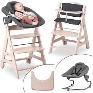 hauck Seggiolone Beta+ Newborn Set Premium da 0 Mesi - Seggiolone Legno Evolutivo, con Sdraietta Neonati (Dondolo Neonati), Cuscino Seduta, Vassoio - (Cintura a 5 punti, Whitewashed)