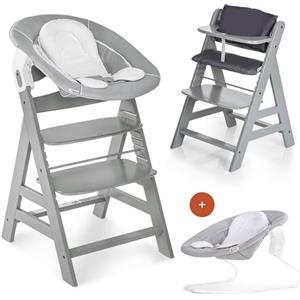 hauck Seggiolone Pappa Alpha Plus Newborn - Sediolone Pappa Bimbi con Sdraietta Neonati Dondolo e Cuscino - Seggiolone Evolutivo Legno - Classic, Grigio