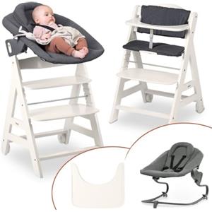hauck Seggiolone Beta+ Newborn Set Premium da 0 Mesi - Seggiolone Legno Evolutivo, con Sdraietta Neonati (Dondolo Neonati), Cuscino Seduta, Vassoio - Bianco, Grigio Scuro