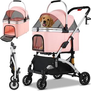 MAMIZO Passeggino per cani 3 in 1, fino a 20 kg, passeggino portatile per animali, portabicchieri e ammortizzatori, con finestre a rete, 4 pcs ruote 360°, per Gatti e cani di piccola taglia, Rosa