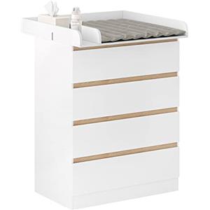 WOLTU Mobile Fasciatoio per Bambini, Cassettiera con 4 Cassetti, Cassettone con Ripiano Fasciatoio Rimovibile, in Legno MDF e Truciolare, Bianco+Rovere
