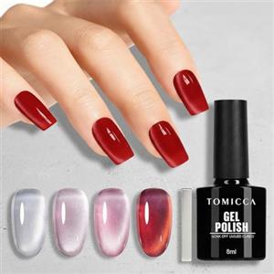 TOMICCA Cat Eyes, smalto UV, 4 colori, bordeaux, rosso, viola chiaro, argento, set di smalti con magnete, gel UV, per principianti, fai da te e nail art, per manicure, salone, 8 ml