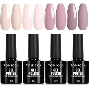 TOMICCA - Set di 4 smalti da polimerizzare in lampada UV/LED per nail art fai da te, colori nude, rosa, per uso professionale e fai da te, 8 ml