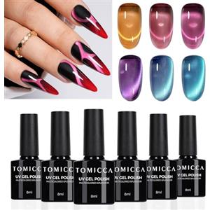 TOMICCA Cat Eye Gel Nail Polish, 6 colori viola blu profondo vetro cristallo glitter smalto semipermanente magnetico soak off UV/LED per nail studio e fai da te casa, 8 ml