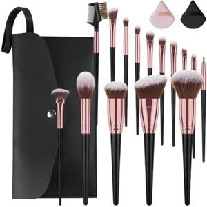 Vicloon Set Pennelli Trucco, 15 Pezzi Professionale Pennelli Make Up Pennelli con Ombretto Palpebra Eyeliner Mascara Sopracciglia Makeup Occhi per Donna con 2 Piumino per Cipria e Borsa Portaoggetti