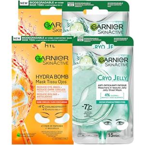 Garnier SkinActive Hydra Bomb Maschera Occhi contro Occhiaie con Succo d'Arancia e Acido Ialuronico 4 Patch + Cryo Jelly Maschera Occhi Anti-Fatica Effetto Ghiaccio con Glicerina e Mentolo 4 Patch