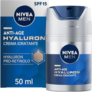 NIVEA MEN Anti-Age Hyaluron Crema Viso Idratante FP15 50 ml, Crema viso uomo antirughe per pelli mature, Crema viso acido ialuronico nutriente e rimpolpante con fattore di protezione 15