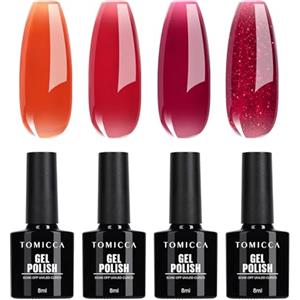 TOMICCA Set di smalti UV, 4 colori, rosso trasparente, bordeaux, rosso intenso e rosso glitterato, per Soak-Off UV/LED, per saloni di unghie e fai da te, 8 ml