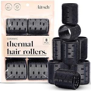 KitschBigodini termici in ceramica per capelli da donna - Bigodini autobloccanti - Per la notte - Bigodini grandi volumizzanti per capelli corti e lunghi, neri, 8 pezzi