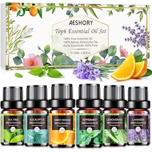 AESHORY Set di Oli Essenziali per Diffusori 6 x 10ML, 100% Puri Naturali Olio Essenziale Profumate per Aromaterapia, SPA, Massaggio - Lavanda, Tea Tree, Menta Piperita, Eucalipto, Arancia Dolce