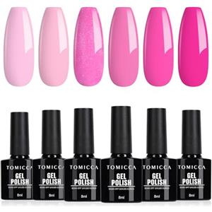 TOMICCA Set di smalto gel UV, 6 colori rosa, smalto gel soak-off UV/LED, regalo per studio di nail art DIY a casa, 8ML