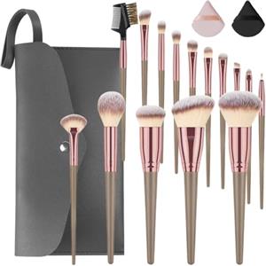 Vicloon Set Pennelli Make up, 15Pezzi Professionale Pennelli Make Up Pennelli con Ombretto Palpebra Eyeliner Mascara Sopracciglia Makeup Occhi per Donna con 2 Piumino per Cipria e Borsa Portaoggetti