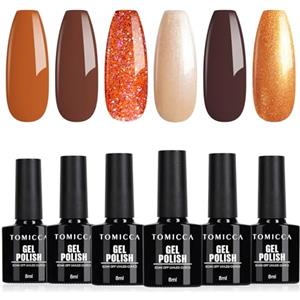 TOMICCA 6 Colori Smalti Semipermanenti per Unghie Autunno Colori Marrone Glitter Set Gel Smalto Unghie Soak Off UV/LED Regalo Durata Per Iniziare Salone Nail Art Fai Da Te Casa, 8ml