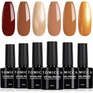 TOMICCA Smalto Semipermanente Set, 6 Colori Autunnali Marrone Glitterato Series, 8ML Gel Unghie UV/LED Kit, Per La Casa Nail Salone Fai Da