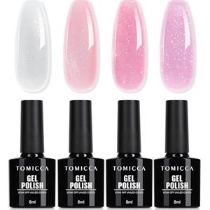 TOMICCA Smalto per unghie semipermanente glitterato, 4 colori di smalto gel UV trasparente rosa bianco glitterato, smalto UV/LED a immersione per studio manicure