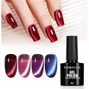 TOMICCA - Smalto Cat Eyes Semi Permanente, 4 Colori Rosso Viola Blu 9D Cristallo Smalto Gel Magnetico Soak Off UV/LED per Salone di Manicure DIY Casa, 8 ml