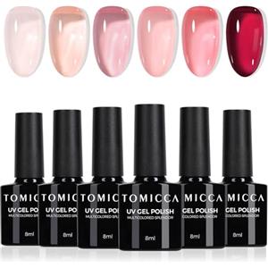 TOMICCA - Set di smalti UV in 6 colori, rosa nude, rosso trasparente, rosa naturale, smalto in gel naturale, da polimerizzare in lampada UV LED, per manicure e nail art fai da te, 8 ml