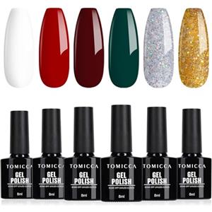 TOMICCA Set di Smalto Gel UV per Natale, 6 Colori Rosso Verde Glitter Bianco, Soak-Off UV/LED Gel Regalo per Studio di Unghie DIY a Casa, 8ML