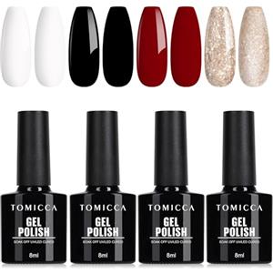 TOMICCA Smalto Semipermanente Unghie Rosso Bianco Nero Set, 4 Colori Oro Argento Glitter Gel Smalto Unghie UV/LED, Set Regalo di Natale per Nail Studio Design e Fai da Te a Casa, 8ml